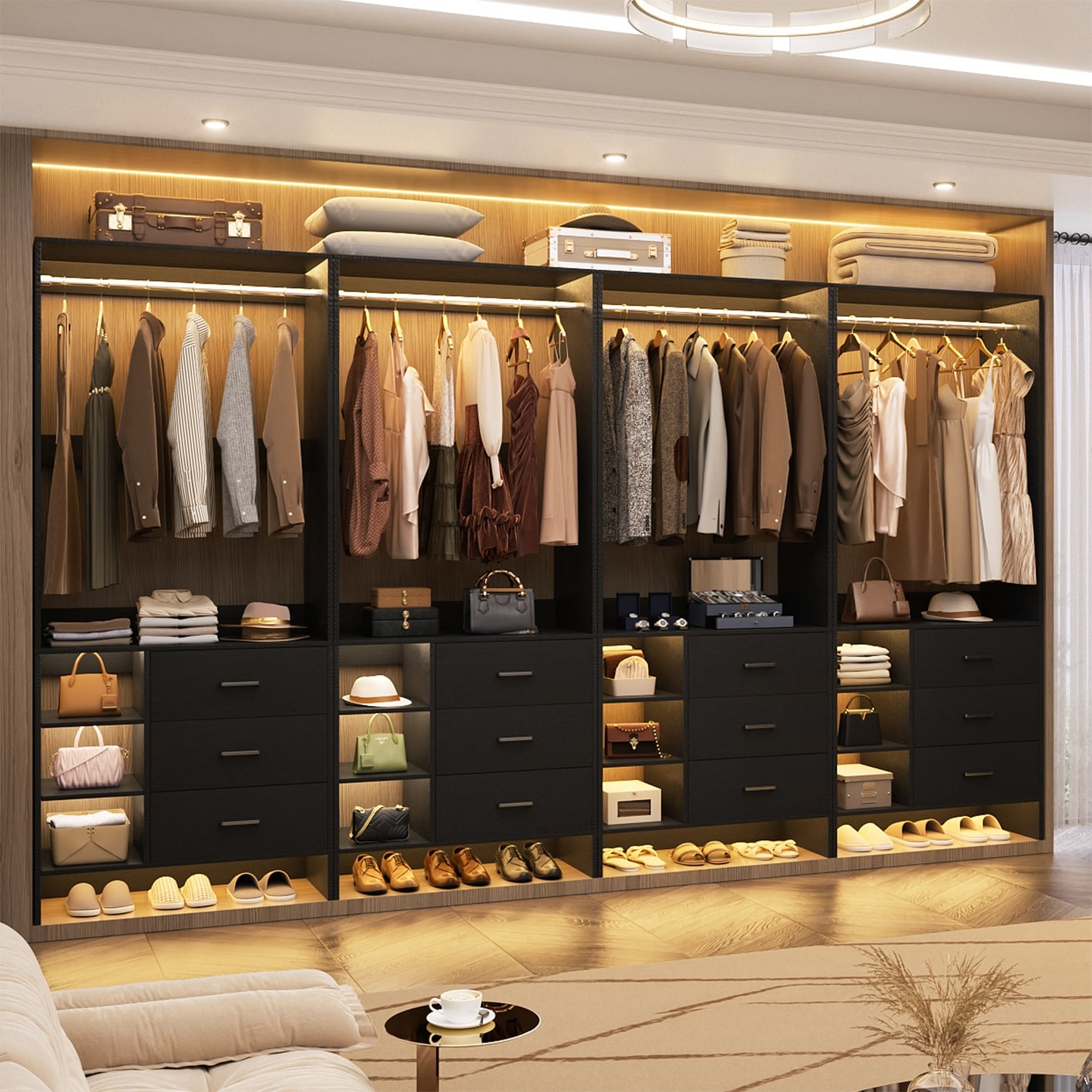 Cimly 30''-120'' W Freestanding Closet System with Hanging Rod, Closet Organizer with Drawers and Shelves