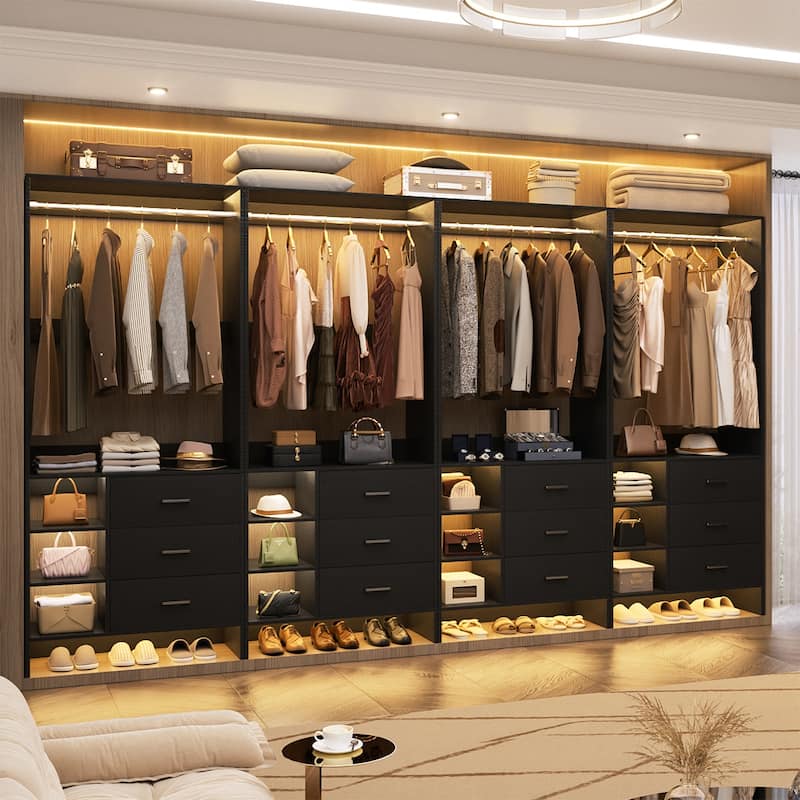 Cimly 30''-120'' W Freestanding Closet System with Hanging Rod, Closet Organizer with Drawers and Shelves - 4pcs - Black