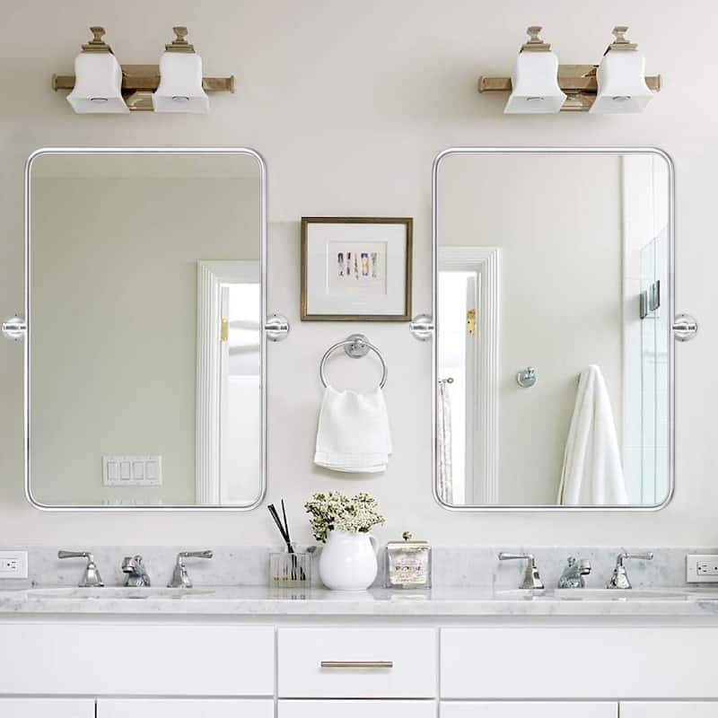 Rectangle Bathroom Tilting Vanity Wall Pivot Mirror, with Rounded Corner Design - 24x36 - Silver