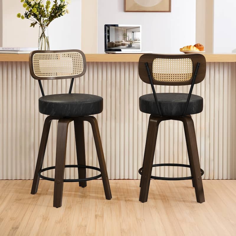 XINMICS 26 Inches Swivel Counter Height Bar Stools with PE Rattan Back, Faux Leather Upholstered Bar Chairs, Set of 2/3/4