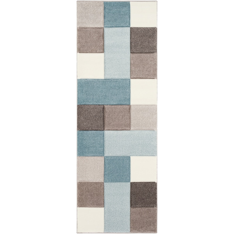 Modern Geometric Carved Blue and Grey Runner Rug - 2' 7" x 7' 6"