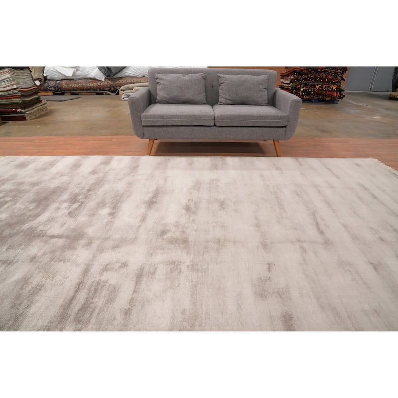 Hand Knotted Oriental Viscose Silk Carpet Modern Modern Beige & Ivories Abstract Area Rug - 12' 10'' X 9' 10''