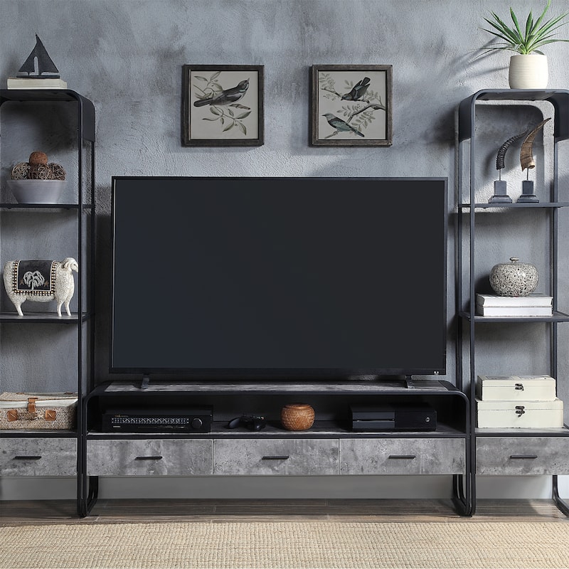 Wooden TV Stand Metal Frame for Living Room Concrete Gray Black Finish