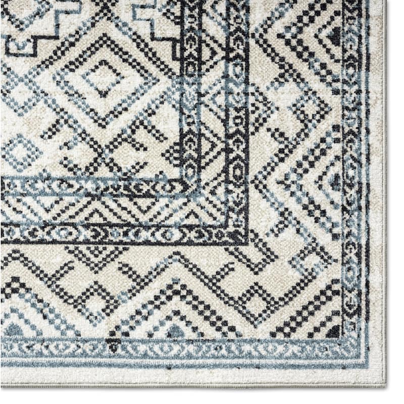 Everwash Treasure Cambria Southwest Geometric Machine Washable Area Rug, Beige/Navy Blue