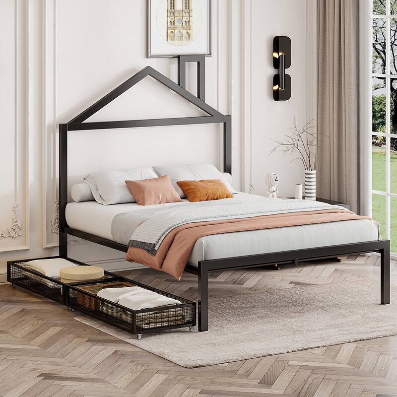 Full Size Metal Platform Bed with Two Drawers and House-Shaped Headboard - Full - Black