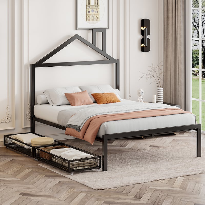 Twin Size Metal Platform Bed with House Design and 2 Storage Drawers