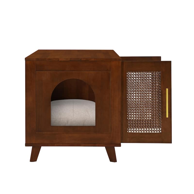 Christopher Knight Home - 47"W Rubber Wood Cat Cabinet with Rattan Doors & Cushion