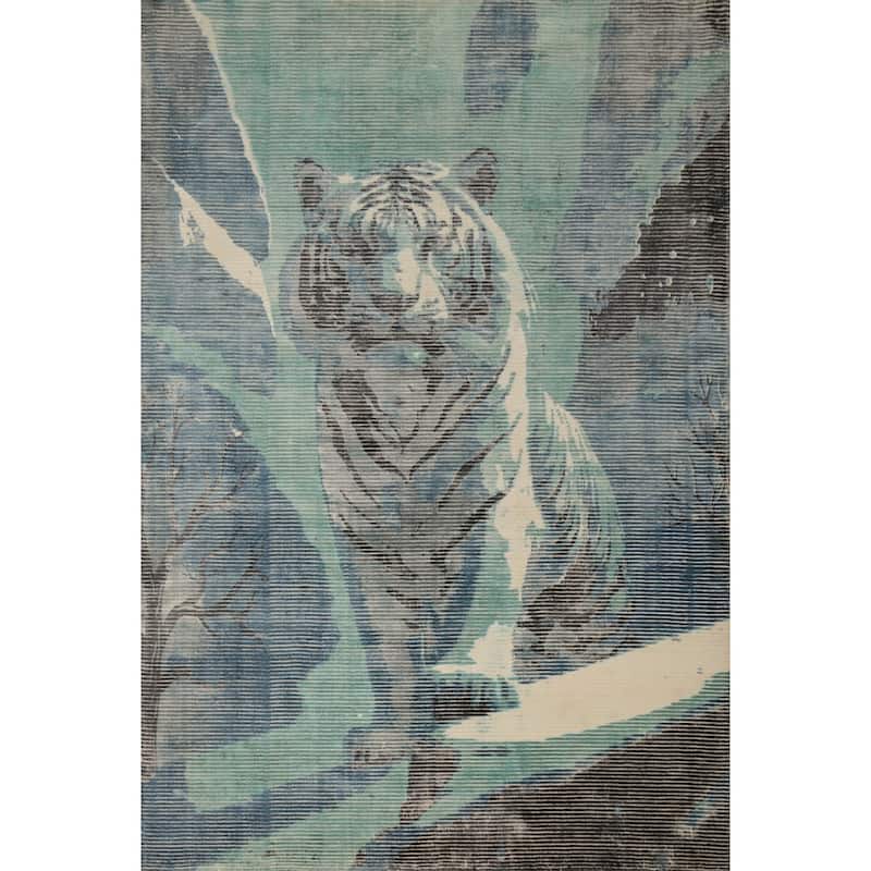 Hand Knotted Oriental Viscose Silk Carpet Modern Animal Pictorial Green Abstract Area Rug - 7' 8'' X 5' 5''
