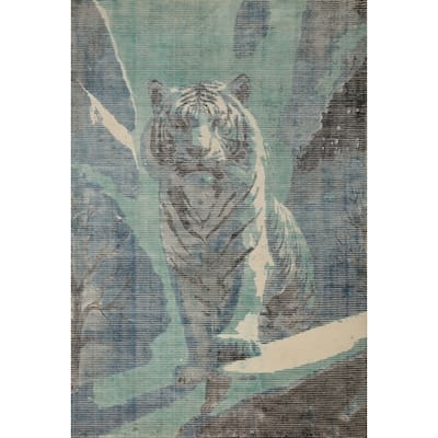 Hand Knotted Oriental Viscose Silk Carpet Modern Animal Pictorial Green Abstract Area Rug - 7' 8'' X 5' 5''