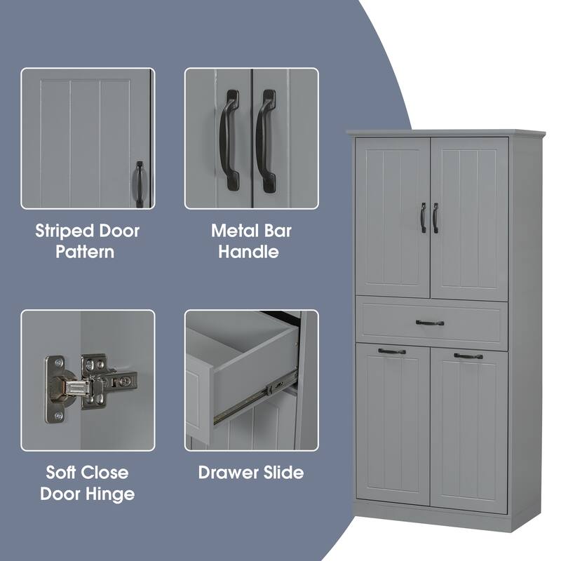 Freestanding Bathroom Cabinet with Laundry Hampers and Drawer, Tall Storage Unit with Adjustable Shelves and Doors