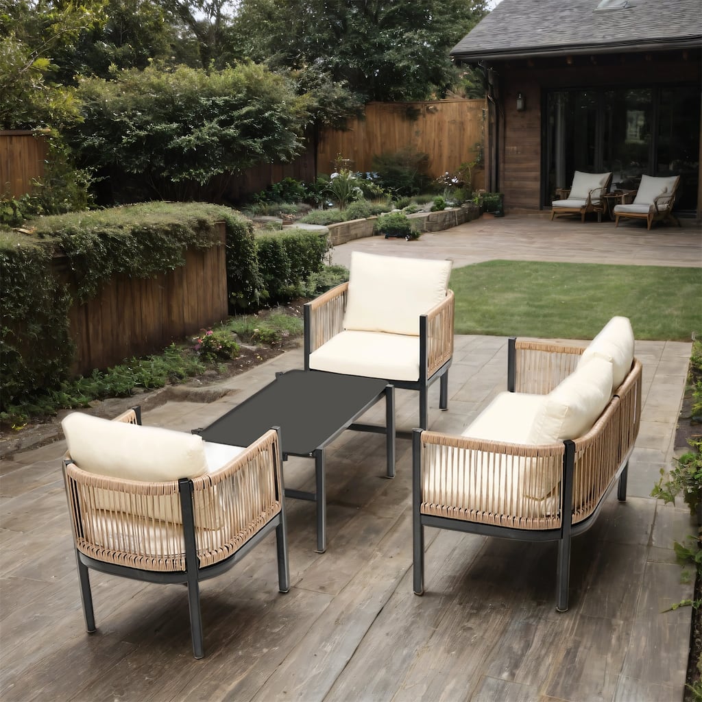 Outdoor Sofa Set with Tempered Glass Table for Garden (Set of 4)