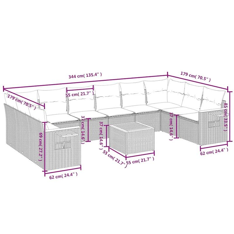 vidaXL 11 Piece Patio Sofa Set with Cushions Grey Poly Rattan (US only) - 135.4x33.5x70.5