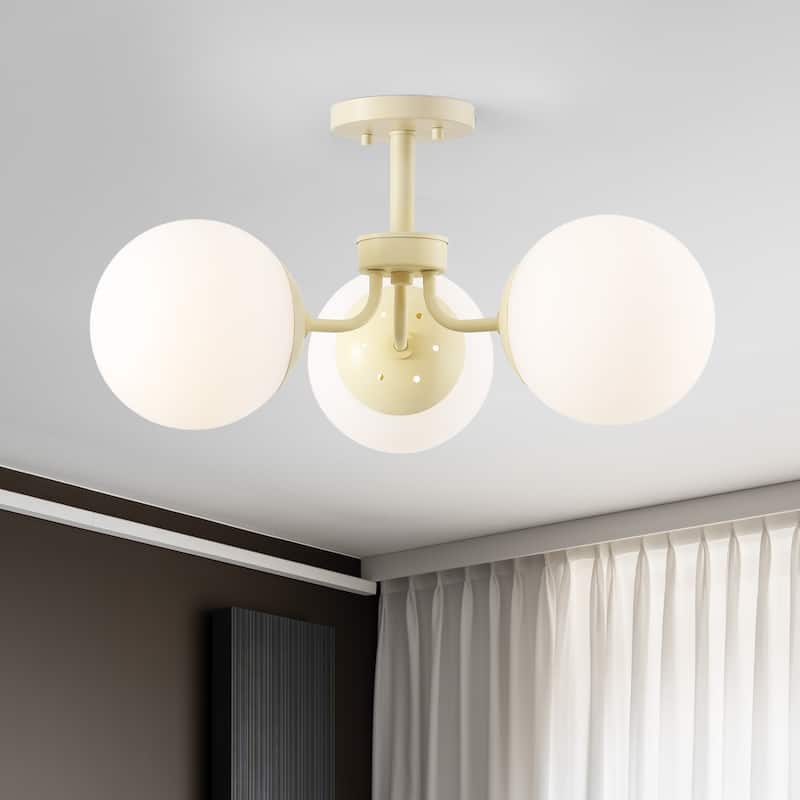 Ojai 23.5" 3-Light Bohemian Farmhouse Iron/Frosted Glass LED Semi Flush Mount, Brass Gold/White by JONATHAN Y