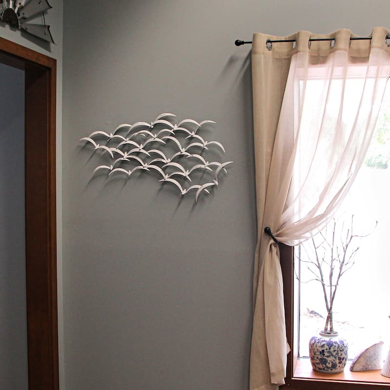Zeckos 32 Inch White Metal Flock Of Birds Wall Sculpture