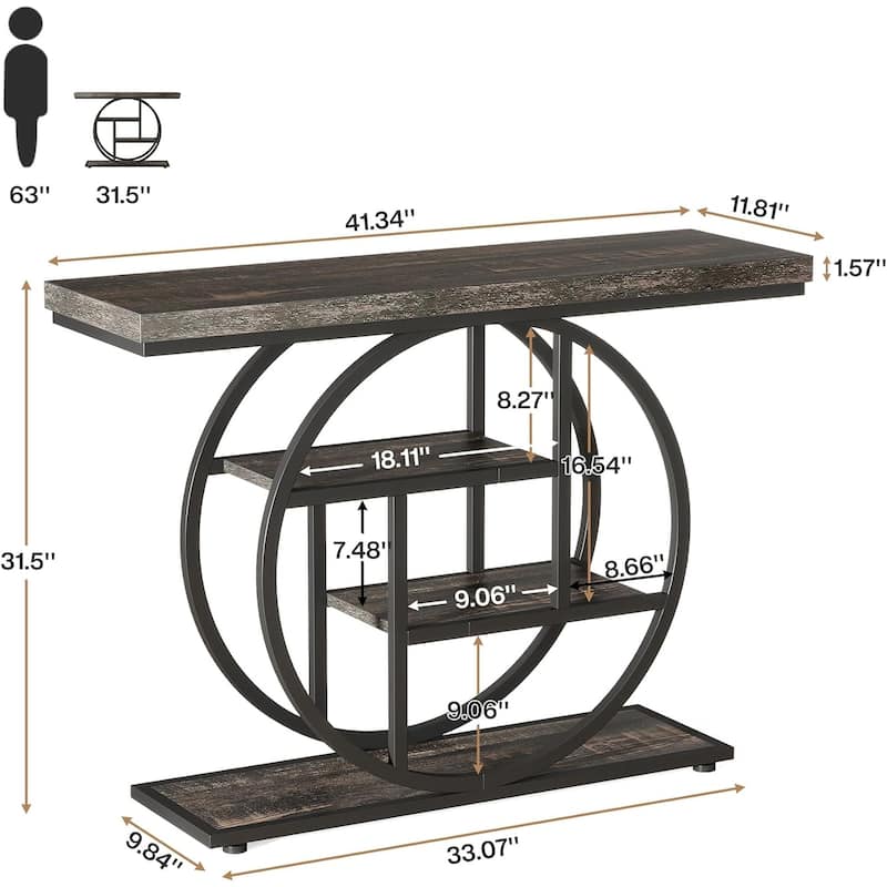 41.3" Console Table, Industrial 4-Tier Entryway Table with Circle Base - 41.3" W x 11.8" D x 31.5" H