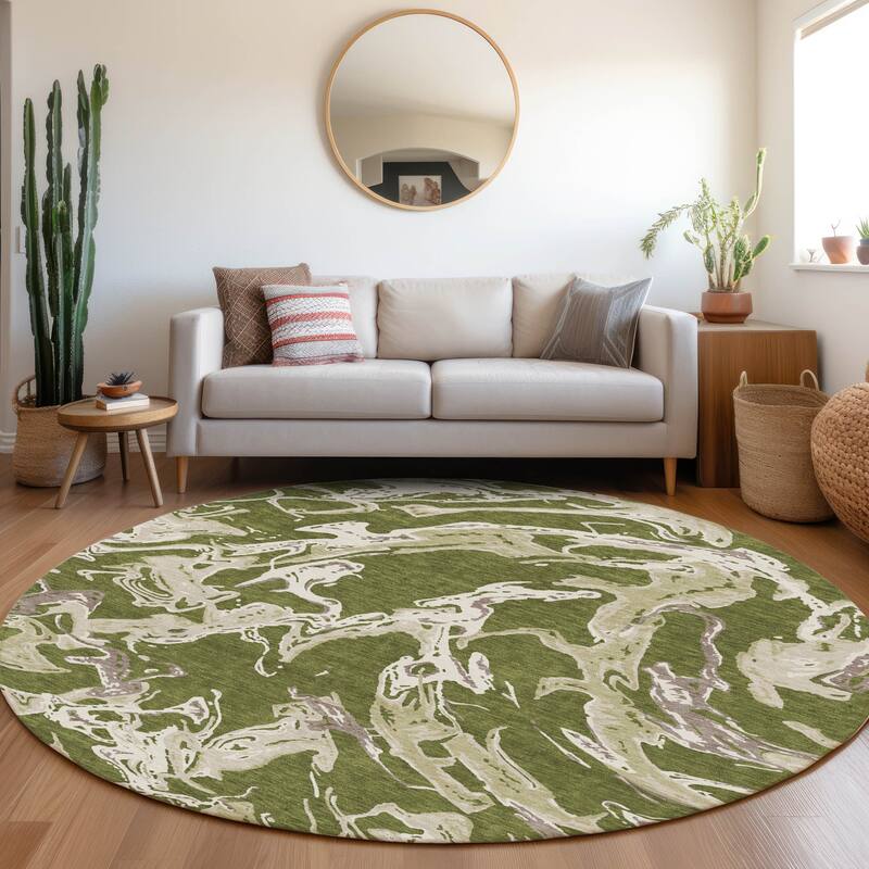 Machine Washable Indoor/ Outdoor Modern Wave Chantille Rug - Olive - 8' x 8'