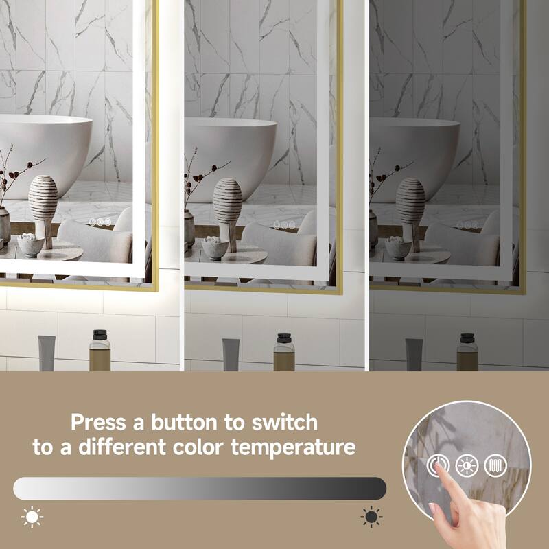 Gold-Silver Glass LED Vanity Mirror with Dual Lighting, Anti-Fog and Dimming - 60” W x 36” H
