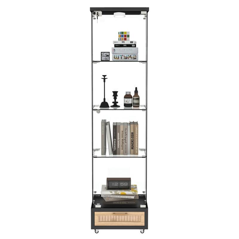 Glass Display Cabinet With Drawer,Cabinet With Led Lights,Tempered Glass Bookshelf, 1-Door Storage Case With 4 Shelves