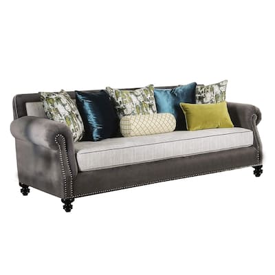 Sofa with Rolled Arms and 7 Accent Pillows, Gray