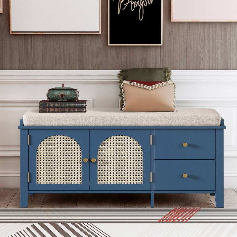 Retro Shoe Storage Bench with Drawers and Cushion for Entryway or Living Room Organization - Navy Blue