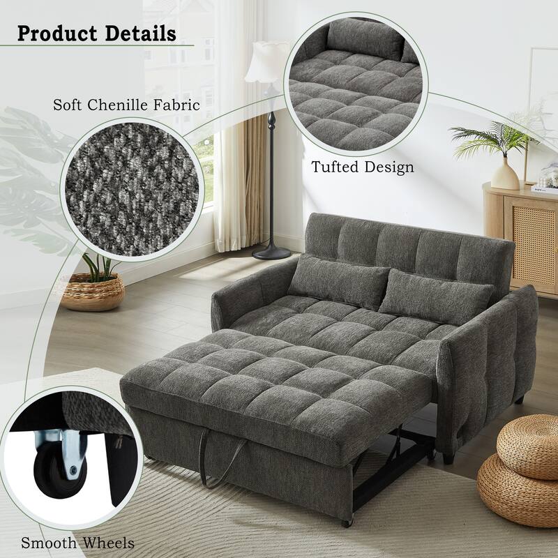 Roomfitters Loveseat Pull-Out Sofa Bed, Tufted Sleeper with Adjustable Backrest, USB Ports, and Lumbar Pillows for Living Room