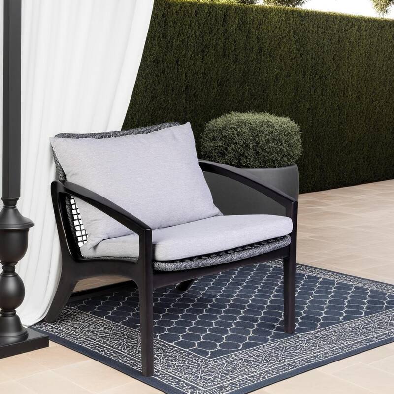 Beckham Boho Gray Rope and Eucalyptus Wood Outdoor Chair with Cushions - White