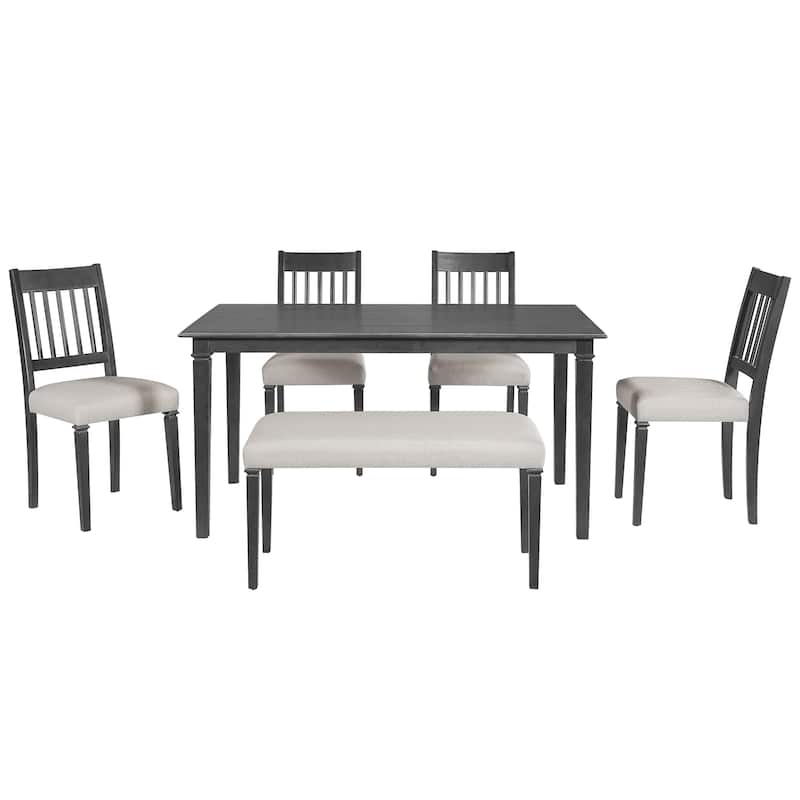 6 Piece Retro Dining Room Set, Kitchen Furniture Set with Wooden Rectangular Table and 4 Chairs, Bench for Kitchen