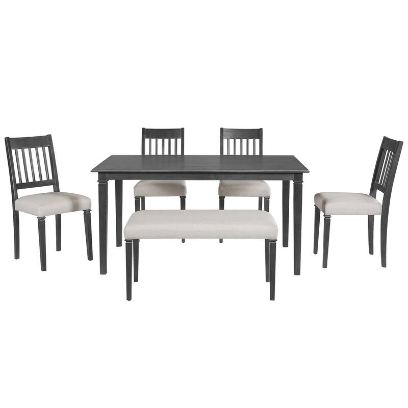 Roomfitters 6-Piece Retro Dining Room Set, Wooden Rectangular Table with 4 Upholstered Chairs and Bench, Space Saving