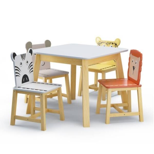 slide 2 of 7, 5-Piece Wood Kids Table and Chair Set with Animal Design, Perfect for Creative Play, Ages 3-8 White