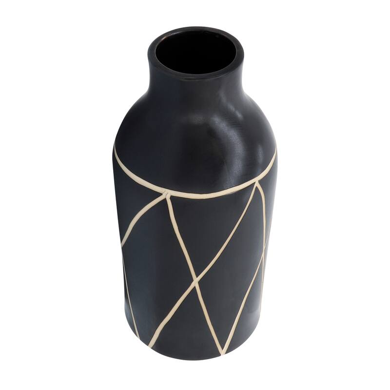 16"Hx7" Diameter Ceramic Tribal Vase, Black Finish and White Details, Tall Decorative Vase for Home Decor, Centerpieces,