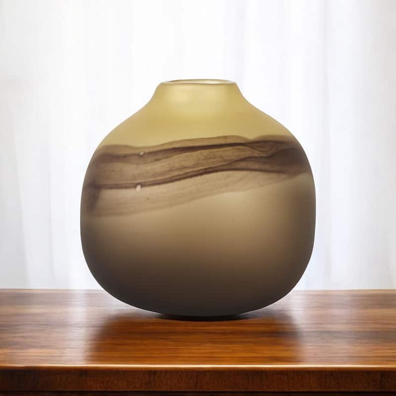 HomeRoots 8" Yellow Abstract Cylinder Crystal Glass Table Vase - 9" W x 8" H x 9" D