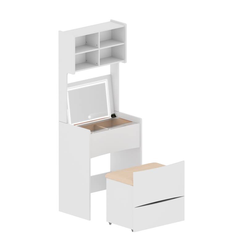 Dressing Table with Flip Top LED Illuminated Mirror, Makeup Vanity Dressing Table with Removable Upholstered Stool