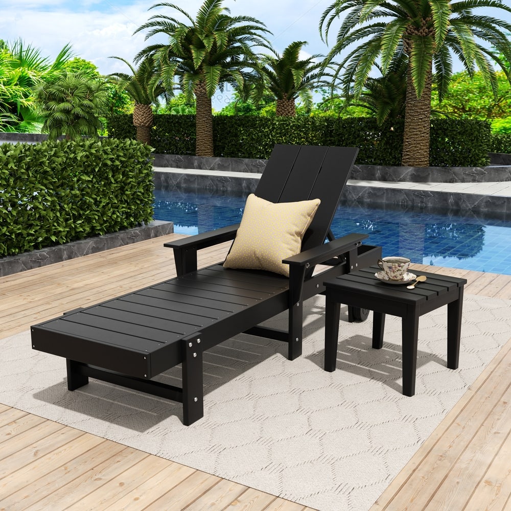 Shoreside Modern Poly Eco-Friendly All Weather Reclining Chaise Lounge With Arms, Wheels, & Side Table (2-Piece Set)