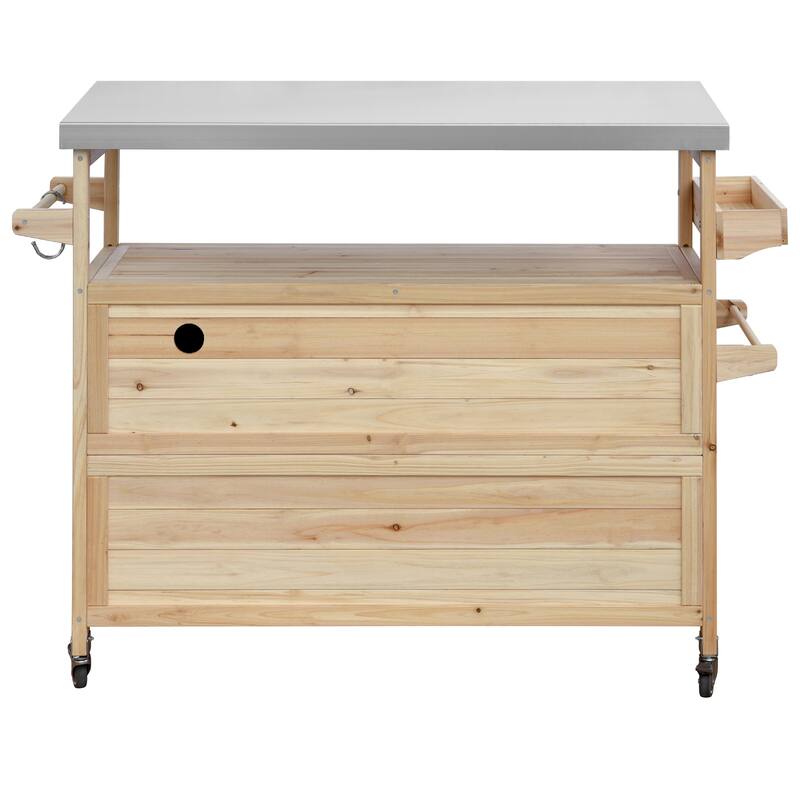 Outdoor Kitchen Island, Rolling Bar Cart & Grill Table, Outdoor Solid Wood Storage Cabinet with Stainless Steel Top for BBQ