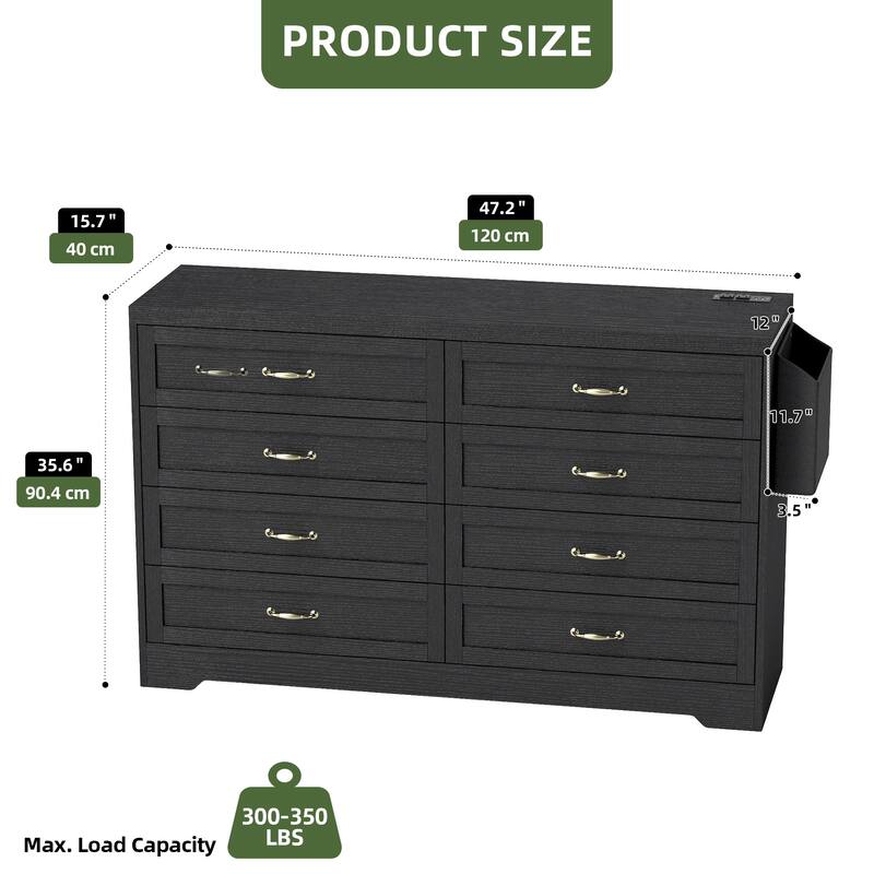 Vintage Double Dresser Chest of Drawers with Charging Station and Side Organizer Bag