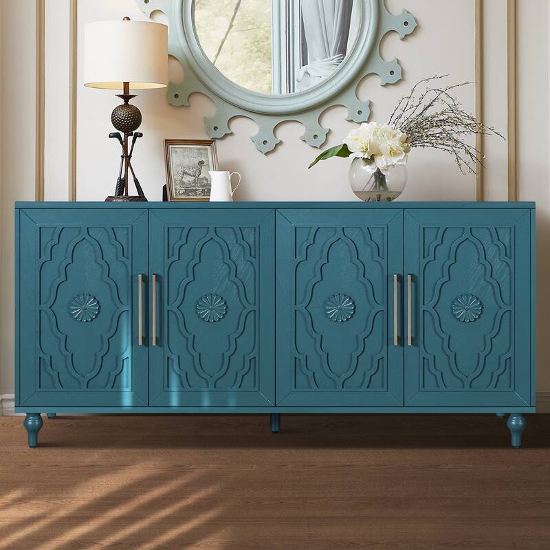 Carved Flower Door Large Storage Cabinet Sideboard Buffet