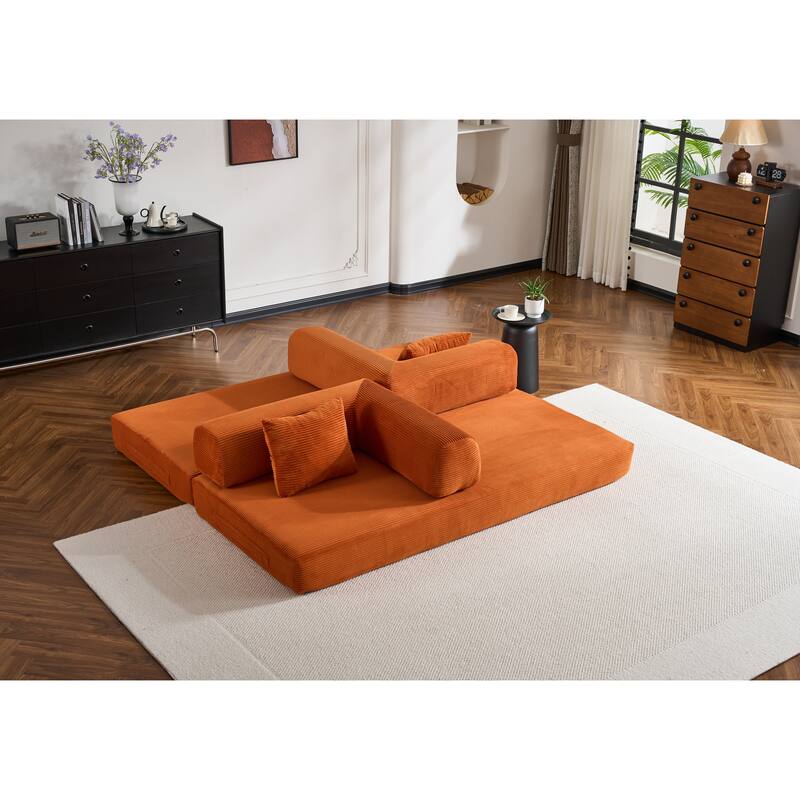 Convertible Sleeper Sofa Bed with Cylindrical Pillow, Corduroy Folding Mattress Couch with Fixed-Shape Frame