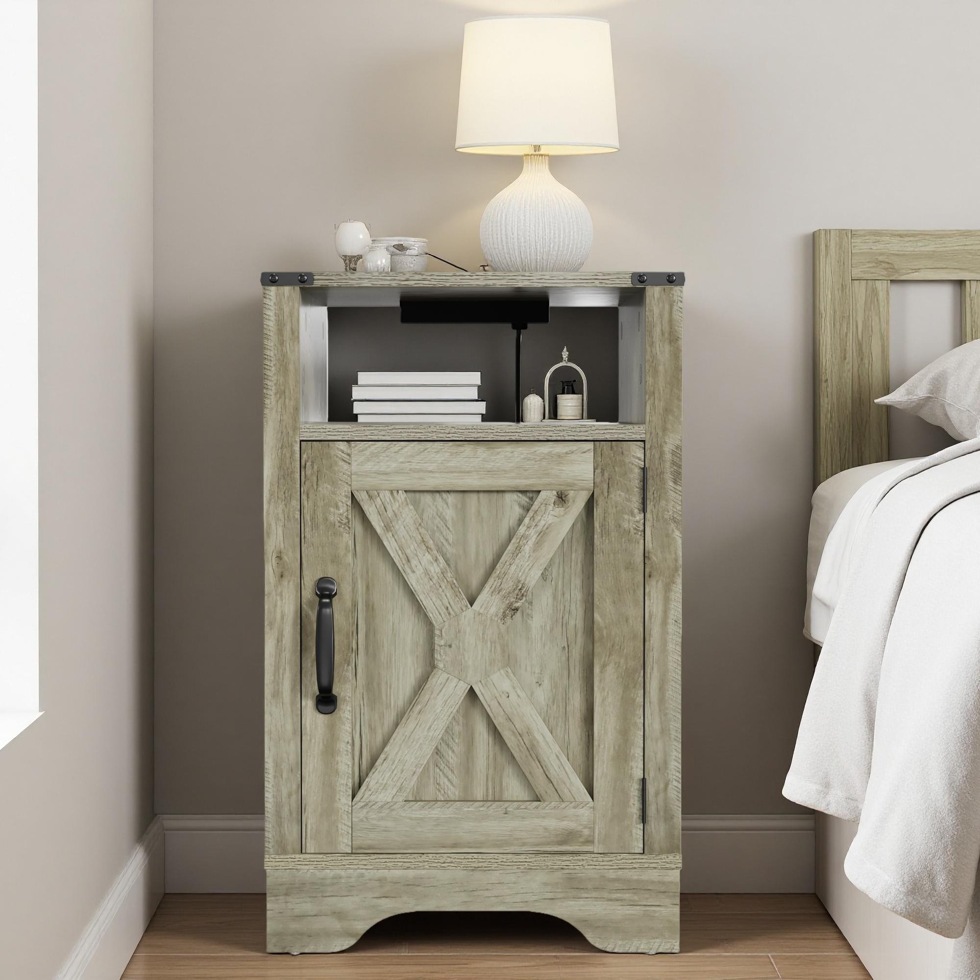 15.75"L Wooden Farmhouse Nightstand with Built-In Charging Station, Rustic End Table with USB Ports and Ample Storage