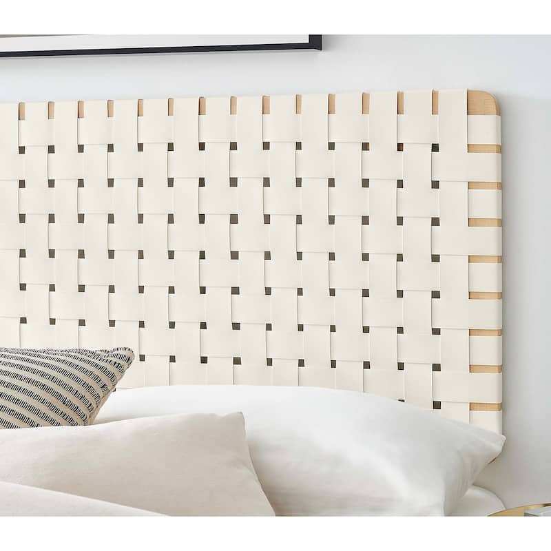 Ditmas Solid Wooden Off-White Leather Basket Weaved Floating Full Size Headboard