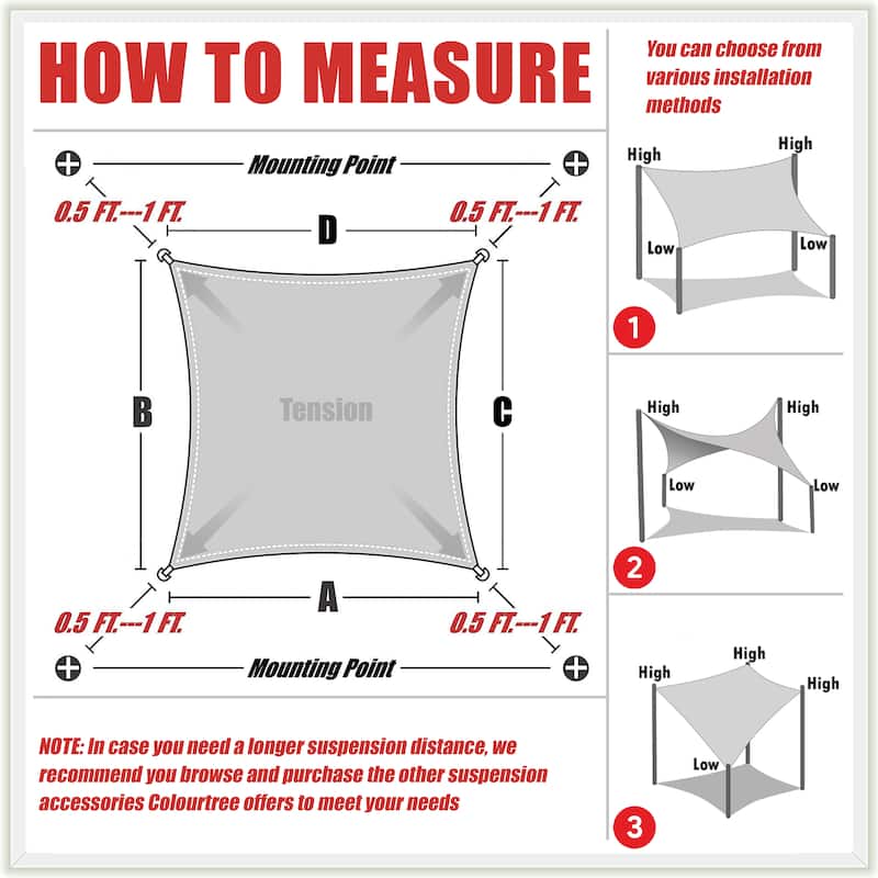 ColourTreeUSA Square Waterproof Sun Shade Sail HDPE Mesh Fabric Screen Canopy UV Block 220 GSM