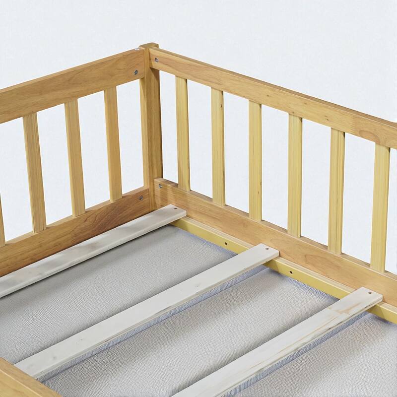 Twin Size Floor Bed with Fence and Door, Rubber Wood Frame with Safety Guardrails