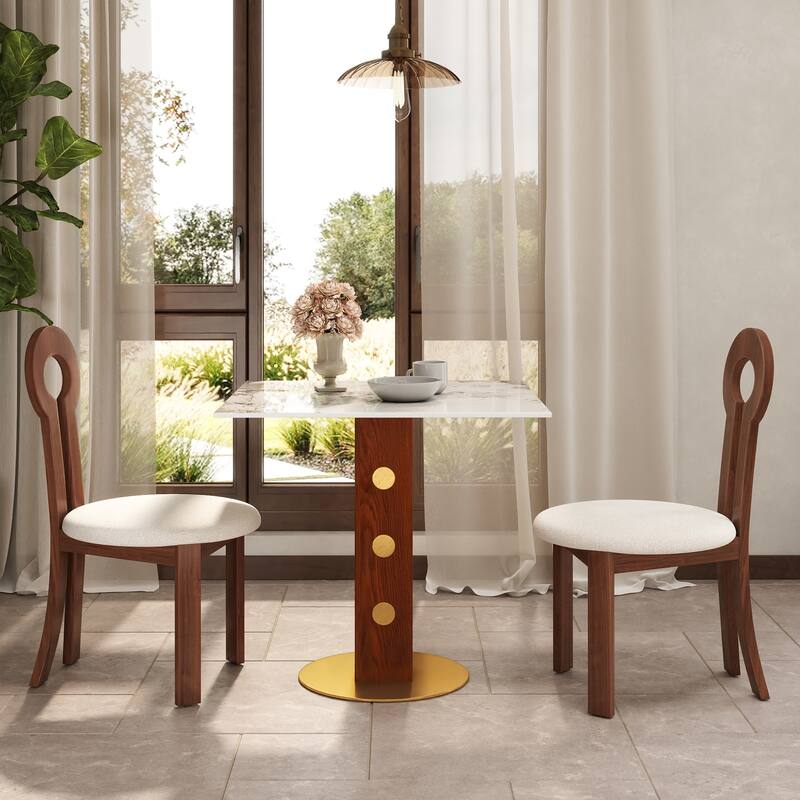 33" Retro Square Glass & Sintered Stone Tabletop Dining Table with Solid Wood Pedestal