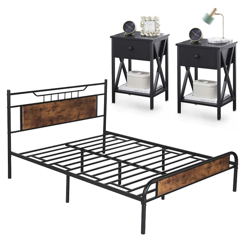 Taomika Mid Century 3-Pieces Bed and Nightstands Sets