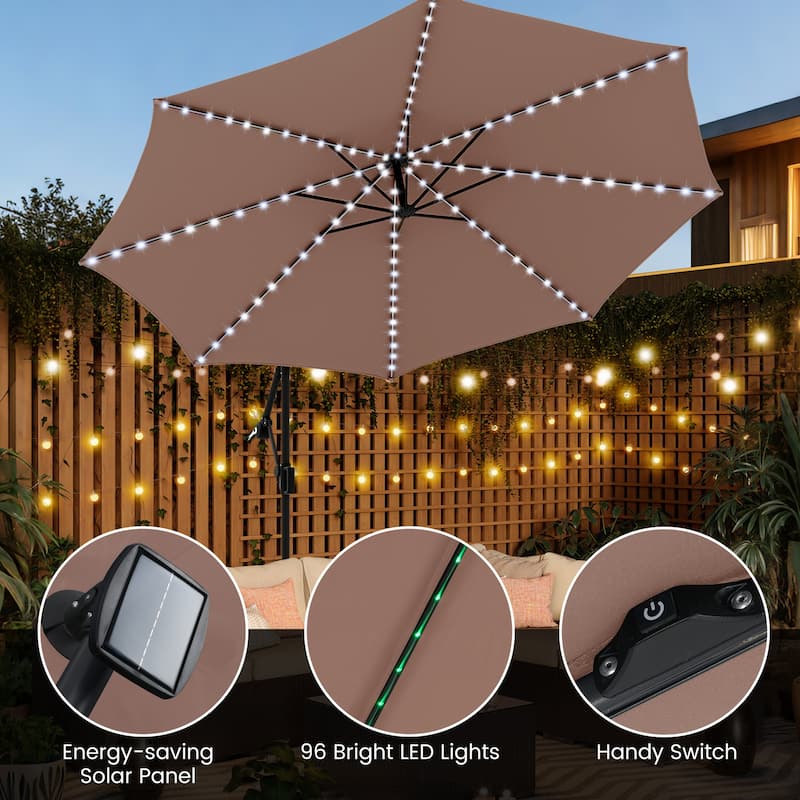 Costway 10 FT Solar Offset Hanging Umbrella with Base Patio Cantilever