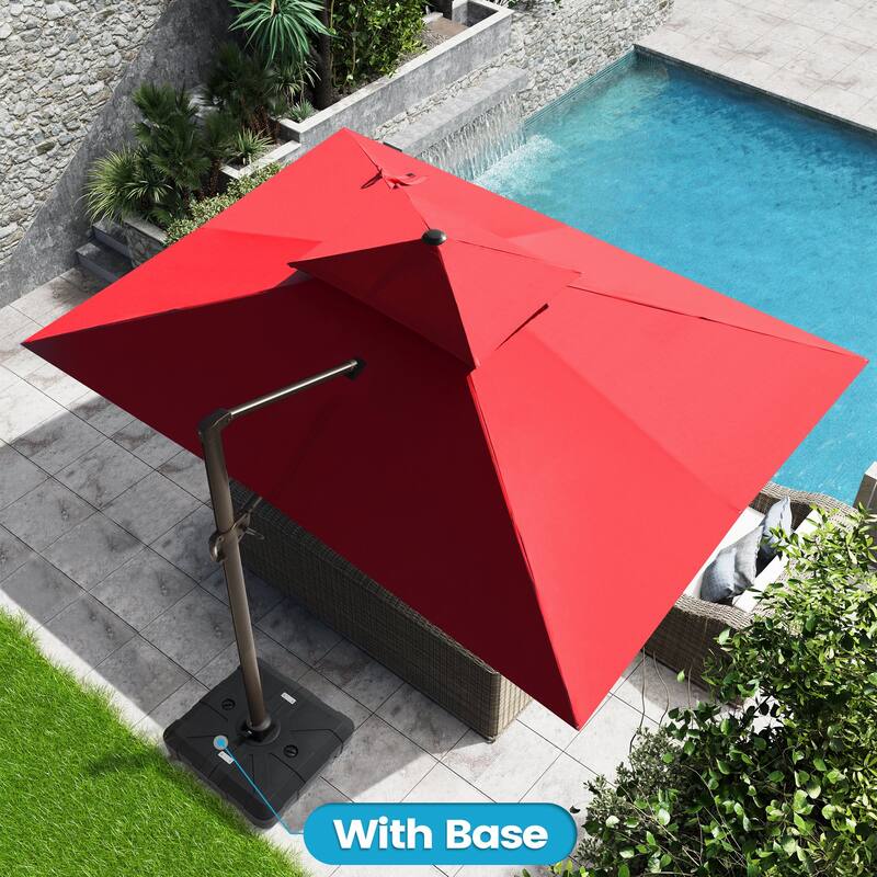 10X12.5 FT Outdoor Patio Dual Top Offset Umbrella 360 degrees Rotation with Weighted Base - Red