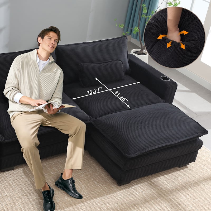 Stripe Corduroy Sofa with USB and Cup Holders, L Shape Chaise with Ottoman and Lumbar Pillows, 3 Seater Convertible Lounge Couch