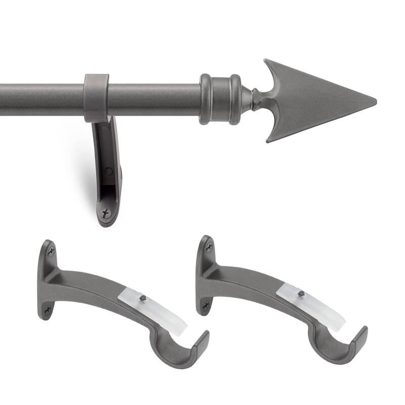 Deco Essential 3/4 Inch Curtain Rod for Windows & Doors Curtains Extendable Grey with Flat Arrow Finials & Brackets Set