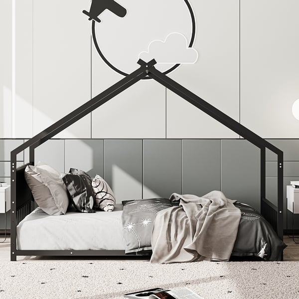 slide 2 of 40, Metal House Floor Bed Frame with Roof and Colorful Lights Black - Twin