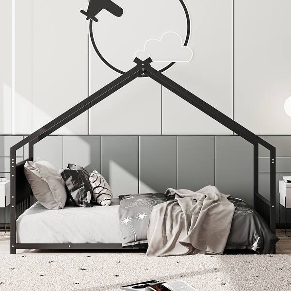 slide 2 of 22, Twin Size Metal Frame House Bed with Roof and Colorful Lights Black