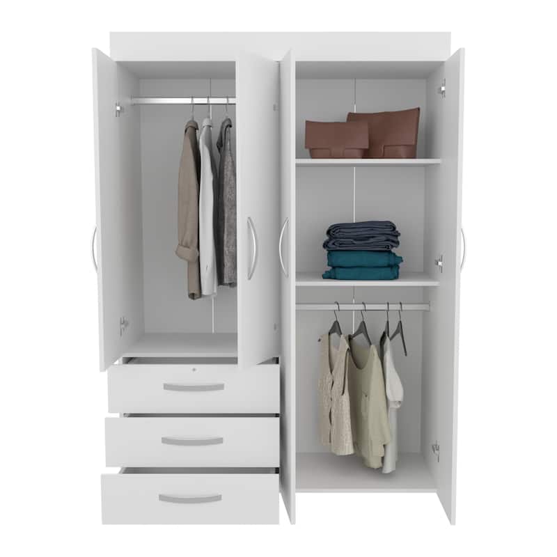 Adjustable Armoire, Rods,Double Door Cabinet, Three Drawers,Two Shelves White